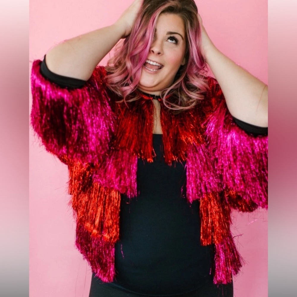 Fringe + Co Red and Hot Pink Tinsel Jacket, Size 14